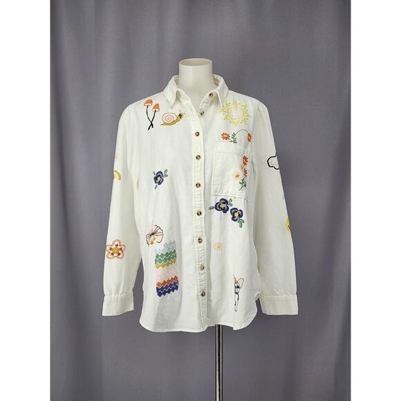 Pilcro Shirt Womens Medium White Cotton Linen Embroidered Button Up Boho Floral - Picture 1 of 16